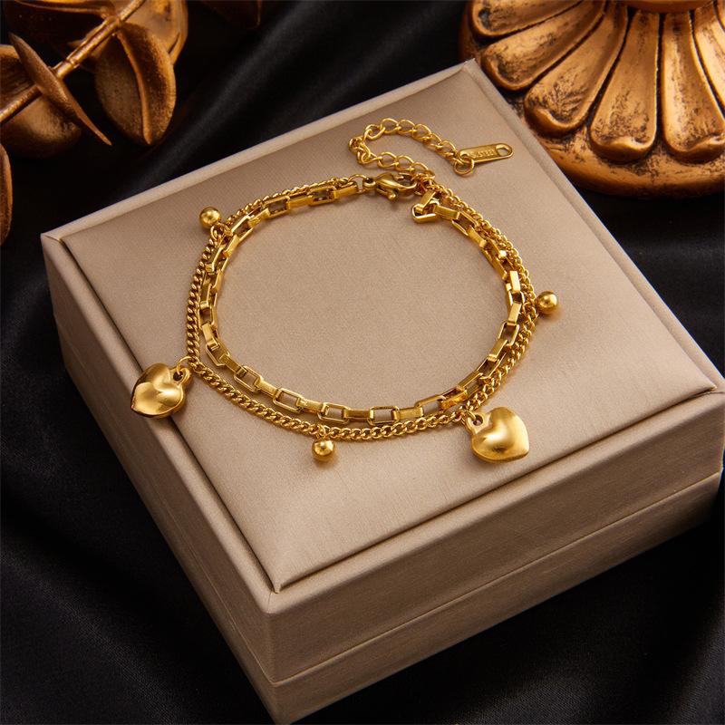 Gold Plated Stainless Steel Double Layer Heart Charm Bracelet