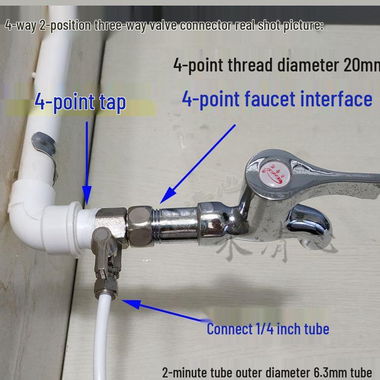 4-Way to 2-Way Tee Connector Water Purifier Valve with Switch, One-Piece Copper Alloy Ball Valve.