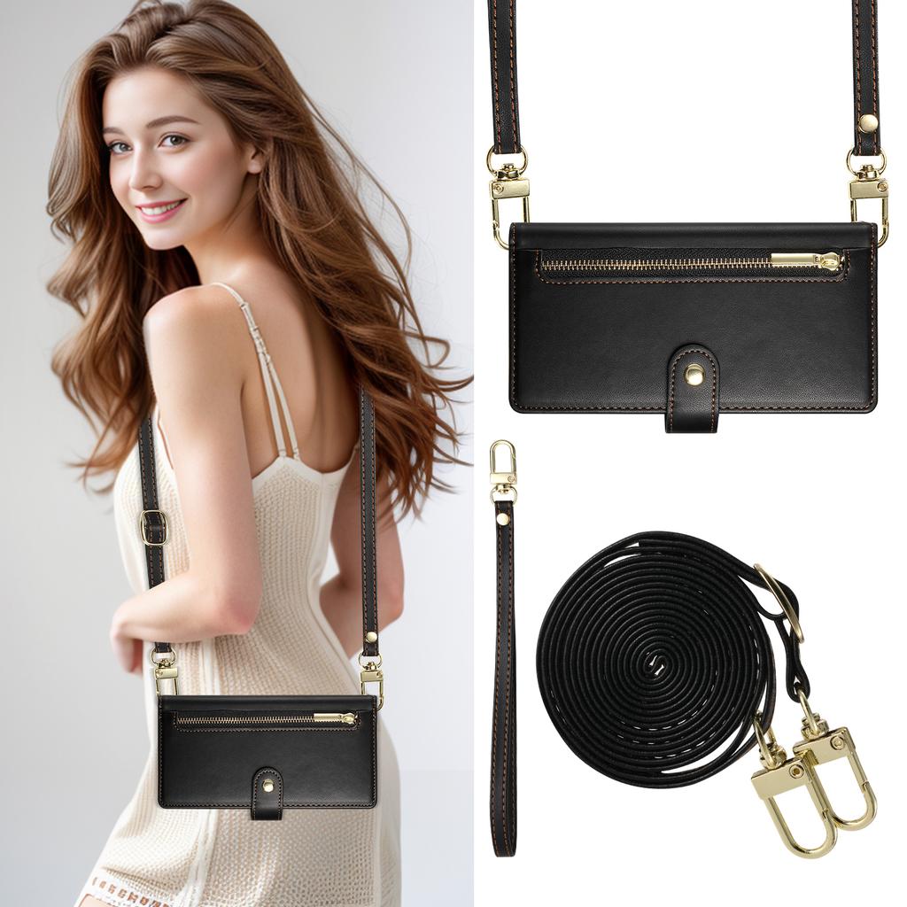 DF-011 For Samsung Galaxy S24+ Case Zipper Pocket Stand Leather Phone Cover with Straps