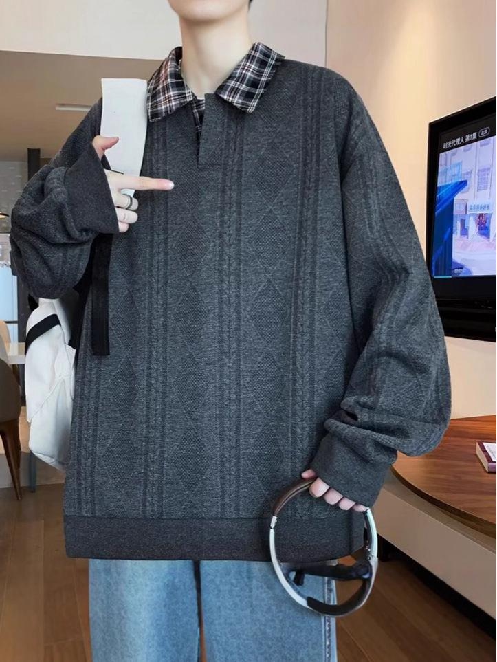 Men's Retro Color Block Plaid Long Sleeve Polo Collar Hoodie