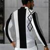 Men Plus Size Long Sleeve Collared Quarter Zip Polo Shirt Blue Geometric Printed