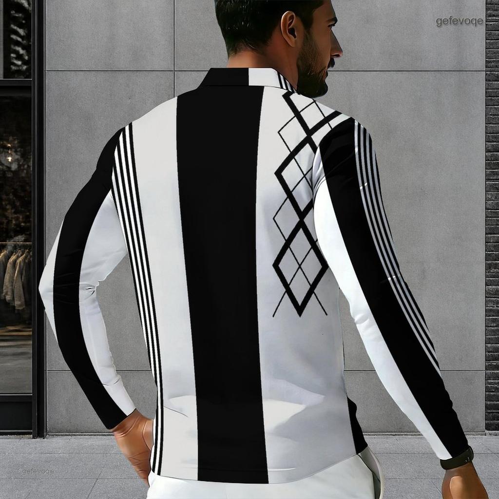 Men Plus Size Long Sleeve Collared Quarter Zip Polo Shirt Blue Geometric Printed