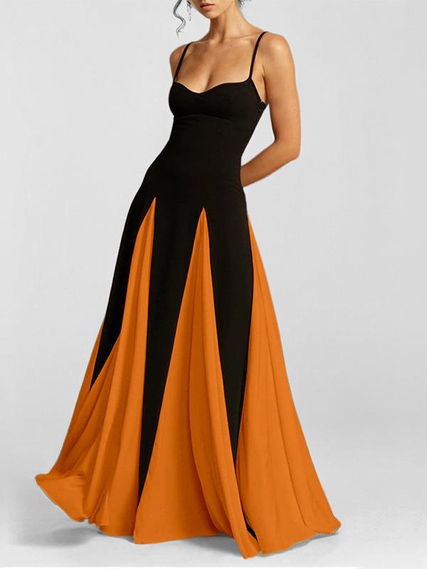 2025 Spring Women's Fashion Color Block Sling Dress with Loose Big Swing and Waist-Hugging Design