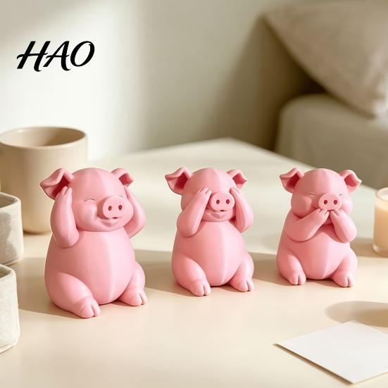 Adorable Animal Figurine for Home Decor 3 Pcs Cute Mini Pig Figurines, 3D Printed See Hear Speak No Evil Kawaii Bedroom Pink Statue, Novelty
