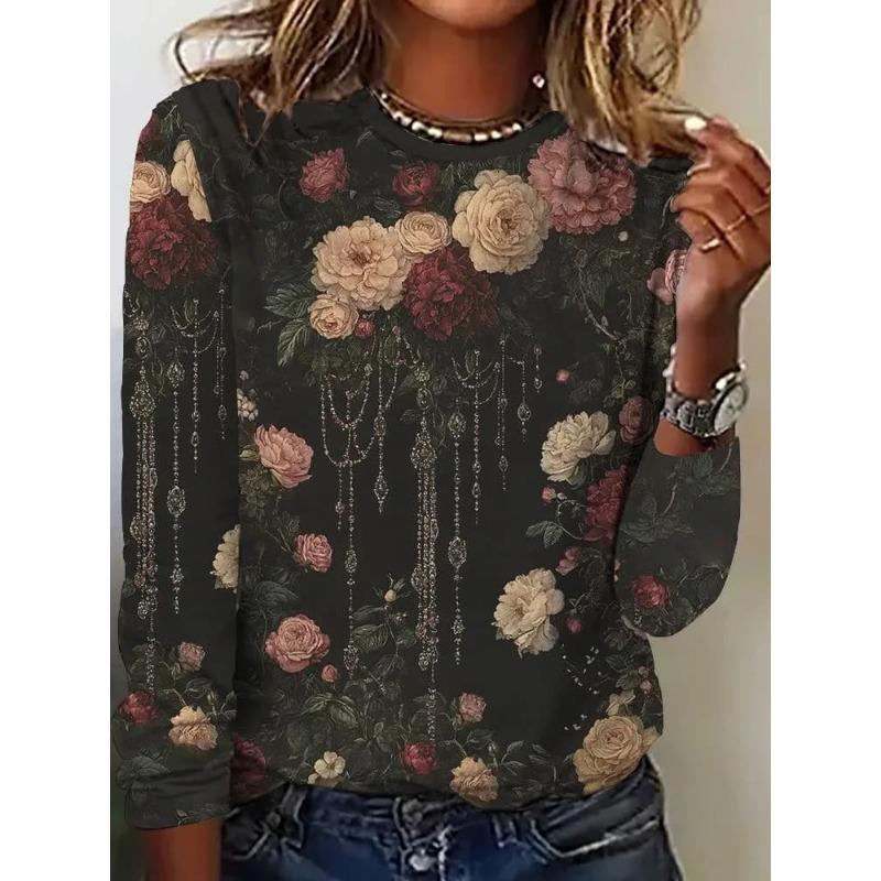 Nuova T-shirt casual da donna a maniche lunghe, con scollo rotondo e stampa a righe