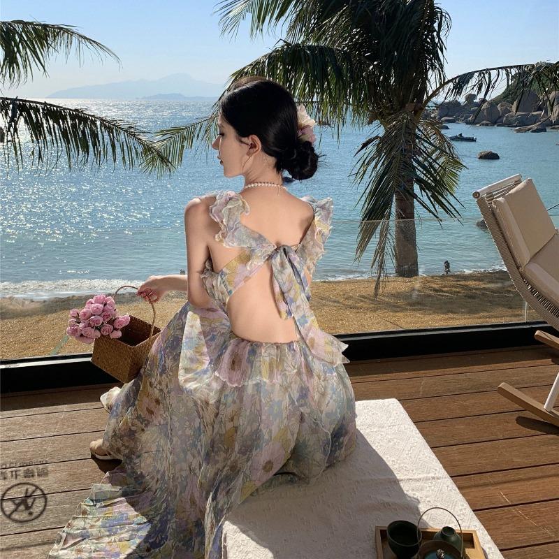 French Style Summer Sexy Backless Floral Dress with String,  Beach Holiday Dress