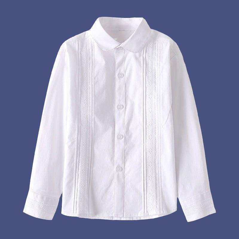 Mädchen Weiße Baumwollspitze Bluse - Langärmeliges Rundhalshemd für Schuluniform Grundschule Aufführung