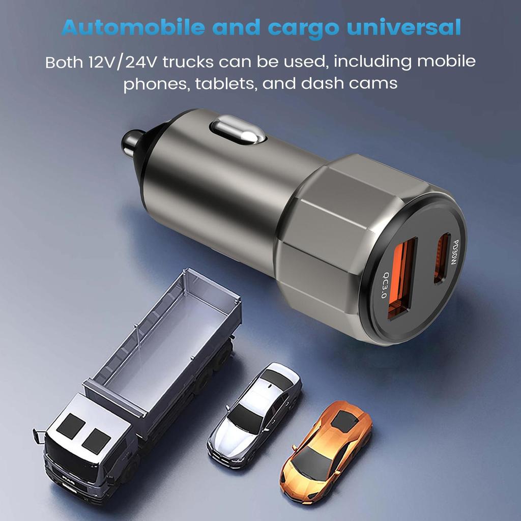 Phone Car Charger Two-Port USB Type-C PD 30W QC3.0 Vehicle Charger Automobile Interior Accessories Zinc Alloy Charger universal