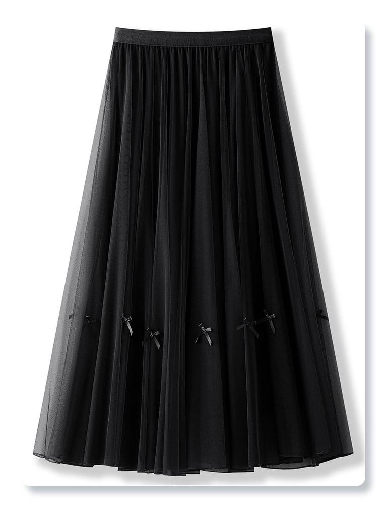 White Women's Drapey A-Line Mesh Skirt - 2024 New Autumn, Spring Mid-Length Pleated Style