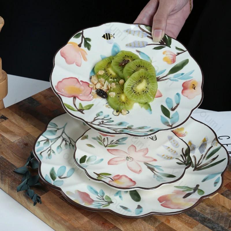 Vintage Ręcznie Rysowane Kwiaty Ceramiczny Talerz Wykwintny Talerz na Popołudniową Herbatę Desery Owoce Domowy Talerze do Jadalni na Pyszne Dania