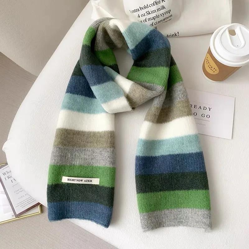 Korean Fashion Scarf Winter Autumn Women Striped Knit Wool Muffler Female Chic Versatile Small Soft Warm Shawl Trendy Girl