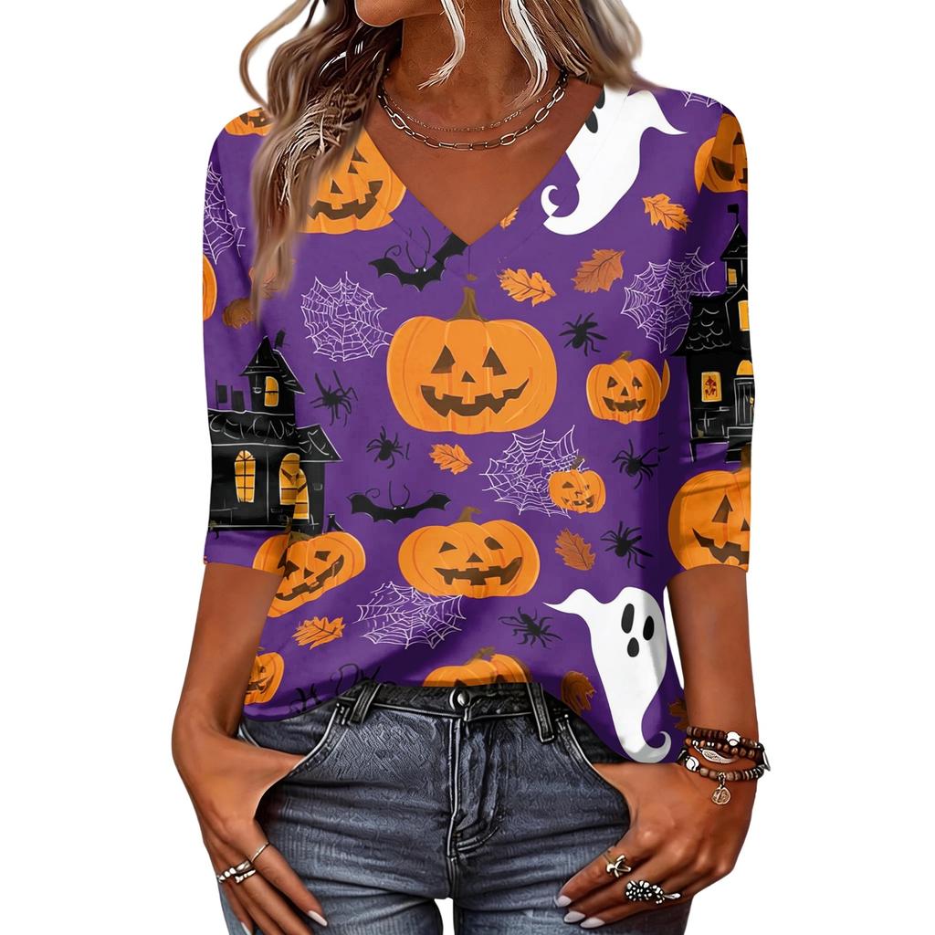 Women's Halloween Tops V-Neck Three-Quarter Sleeve Blouse Casual Tunic Shirt with Fun Pumpkin Print for