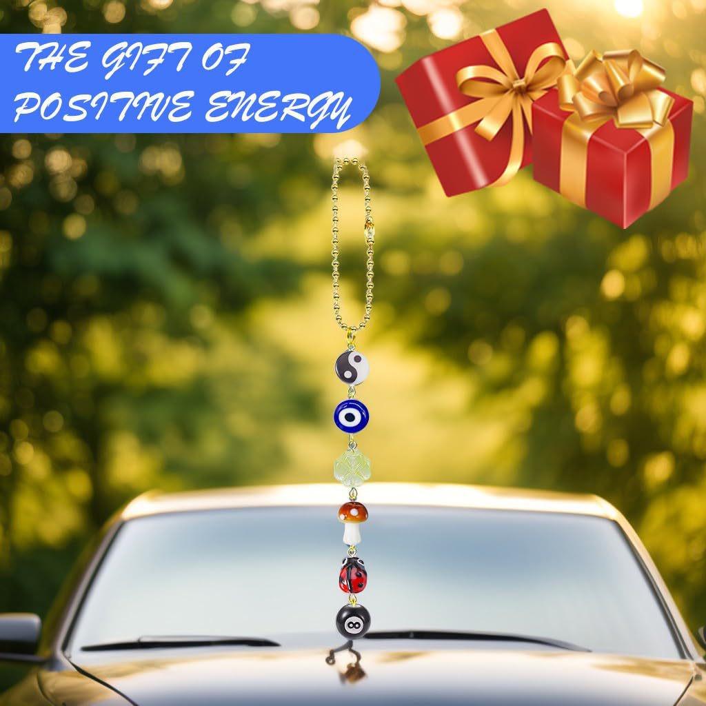 Evil Eye Good Luck Car Charm with 8 Ball, Mushroom, Clover, Ladybug, & Yin Yang Symbols