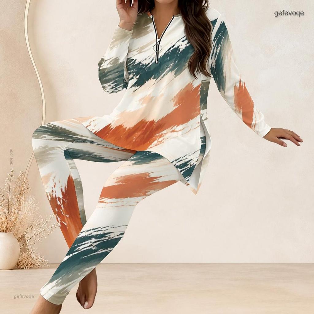 Women Plus Size Half Zip Long Sleeve Printed Longline Top And Fitted Pants Two Piece Set