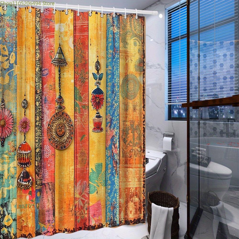 1pc Vintage Bohemian Shower Curtain - Indian-Inspired Ornament Design with Colorful Pendants on Rustic Wood, Polyester Fabric