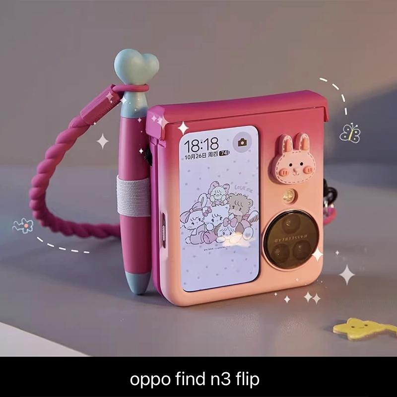 

For OPPO find n3 flip case cute phone cases with Stylus, funda oppo find n3 flip Kawaii 3d Dream Rabbit Gradient Red Pink Color Cover For Oppo find n3 flip