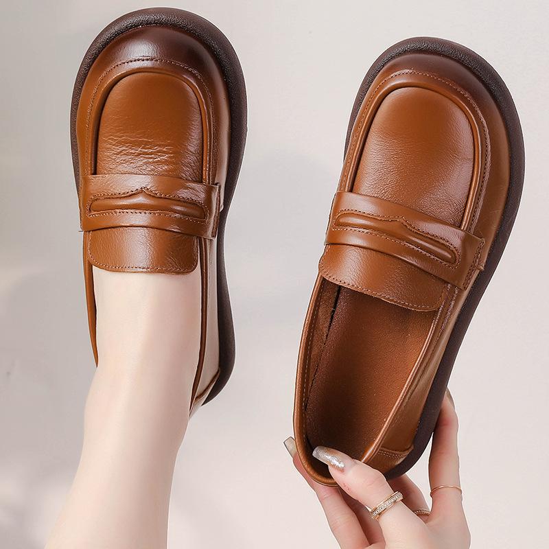 Fashion Cowhide Women Shoes Fashion Mid Heel Thick Soled Genuine Leather Retro Loafers Spring Autumn Flat Women Singles Shoes Mom Shoes