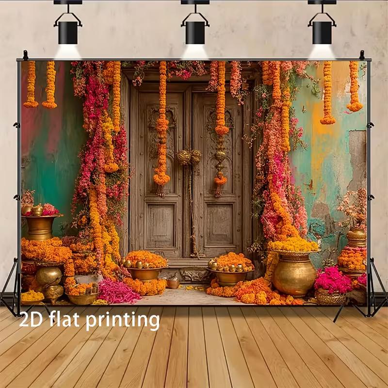 2D Vibrant Floral Door Photography Background, Vintage Indian Door with Marigold Garlands for Festival