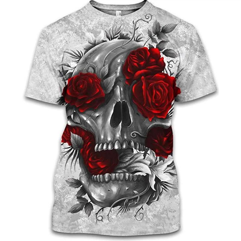 XXS-6XL Plus Size T-shirt Retro Dödskalle Ros Grafik Herr T-shirt För Män Sommarmode Casual Kortärmad T-shirts 3D-tryckta Toppar