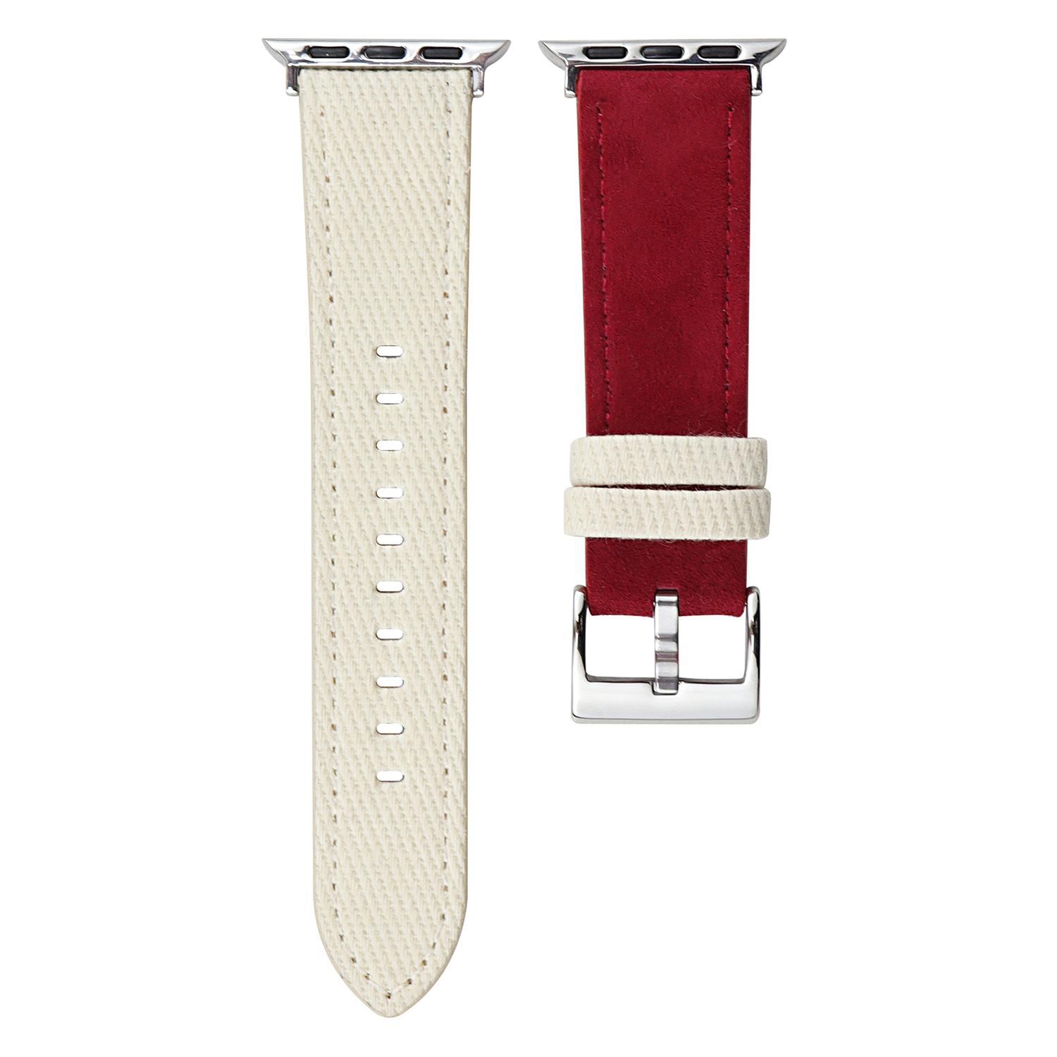 

Splicing Color Watch Band for Apple Watch Series 10 9 8 7 SE 6 5 4 3 2 1 42mm 41mm 40mm 38mm Suede+Denim Wrist Strap White+Red