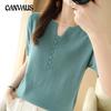Sommer Neue frauen T-shirt Kurzen ärmeln Lose V-ausschnitt Dünne Gestrickte T-shirt Vielseitig Schlank Dünne Taste Kurzen ärmeln tops