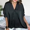 Women Summer Casual Shirt V-neck Puff Short Sleeve Pullover Tops Solid Color Pocket Loose Fit Shirt Workwear