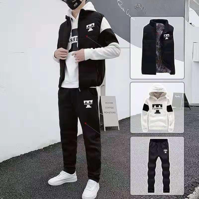 3-teiliges Set Kapuzenpullover + Weste + Hose Lässiger Herren-Trainingsanzug Kleidung Mäntel Winter Dicker warmer Trainingsanzug für Männer Bedruckte Herren-Set Weste