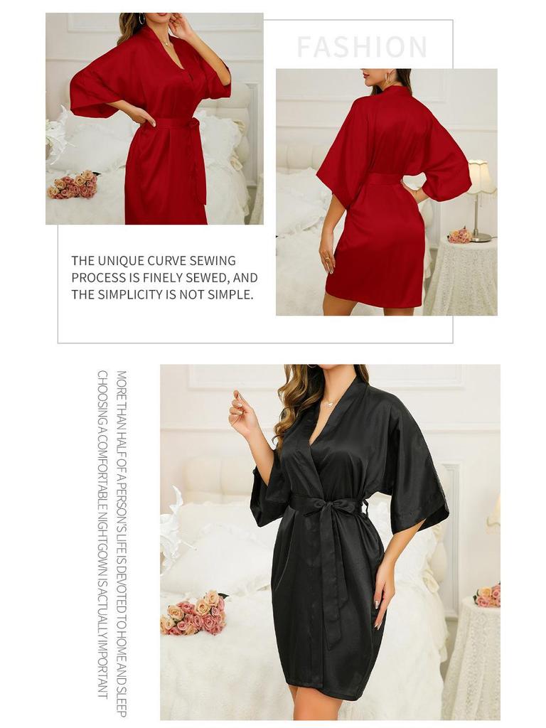 Women's Solid Color Silk-Like Pajama Robe - Long, Sexy Tie-Up Bathrobe & Loungewear