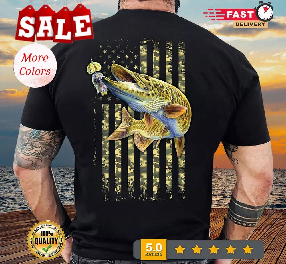 

Muskellunge Fishing American Camo USA Flag for Fisherman, Muskie North America T 4XL