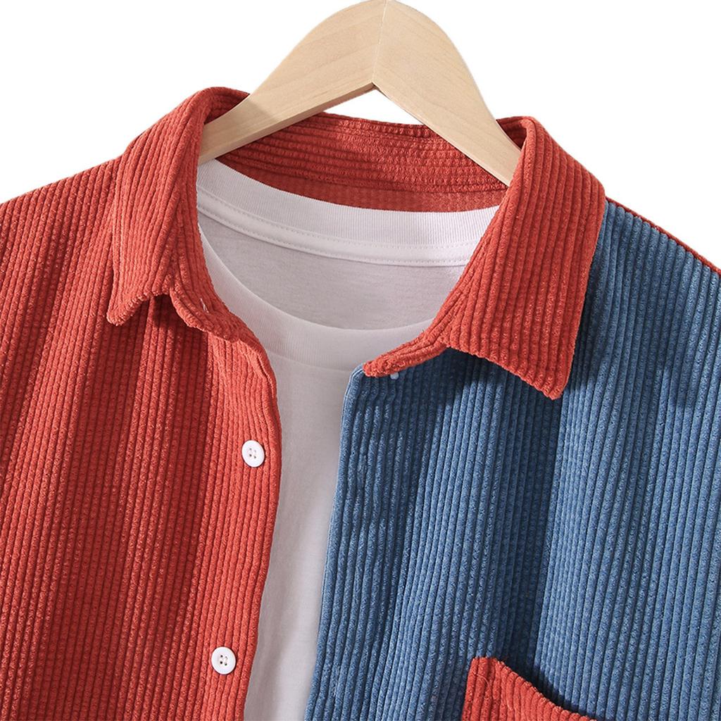Men's Spring and Autumn Long-sleeved Color Collision Lapel Corduroy Shirt Youth Fresh Casual Comfortable Tops