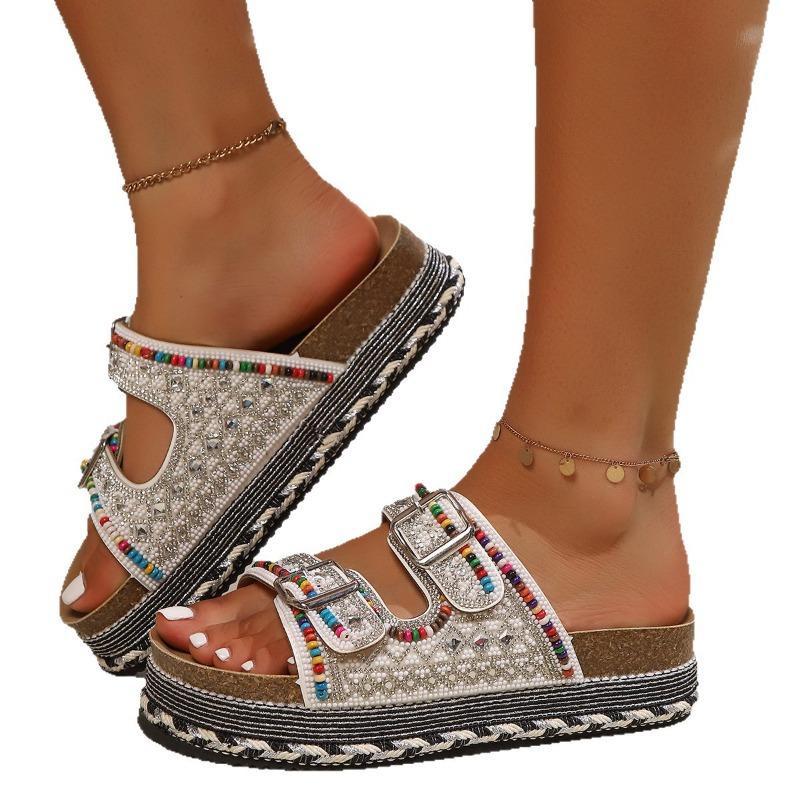 Women's Wide Width Cork Sandals, Rhinestone & Bead Platform Slides, Colorful Double Buckle Slippers for Women