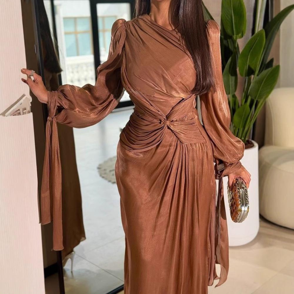 2025 Autumn and Winter Women's Clothing Pleated Streamer Shiny Evening Dress