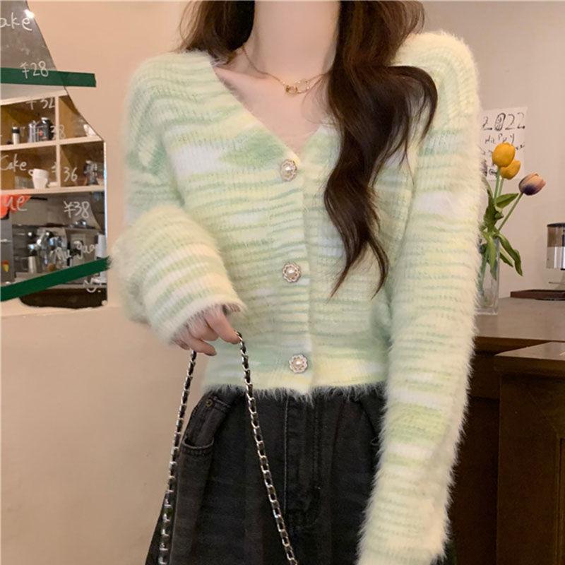 

Вязаный кардиган в радужную полоску с V-образным вырезом, женский короткий свитер с высокой талией, маленький и шикарный потрясающий топ L зелёный