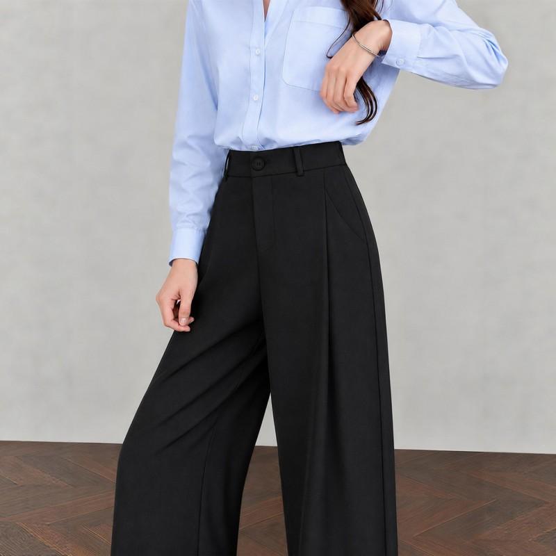 Womens High-Waisted Wide-Leg Straight Trousers Office Work Pants Casual Elegant Business Chic