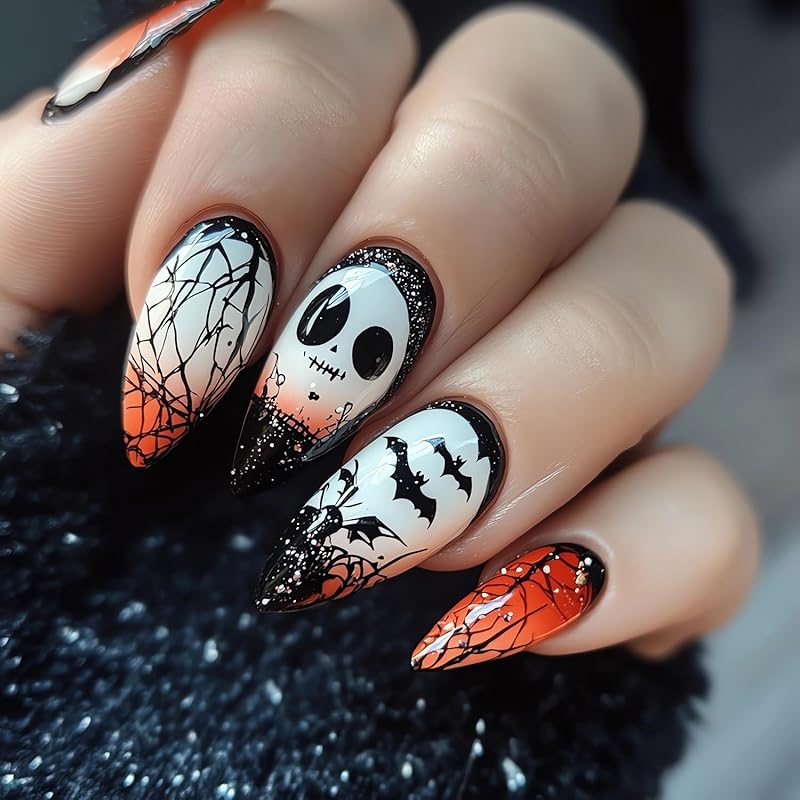Halloween Press on Nails Medium Fake Nails Almond Shape Halloween False Nail Tips with Pumpkin Star Moon Designs Cute Stick on Nails Glossy Halloween