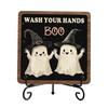 Bathroom Shelf Ornament Halloween Wooden Table Sign, Cute Ghost Boo Plaque Sign with Gift for Friends Metal Stand Indoor Desk Home Decor Holiday