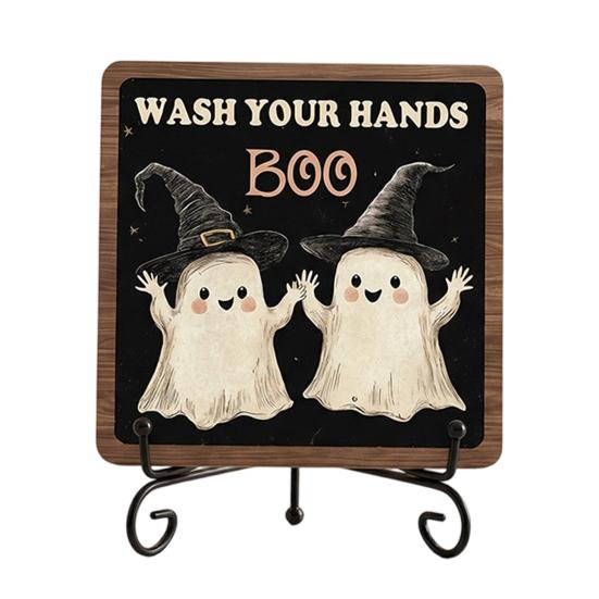 Bathroom Shelf Ornament Halloween Wooden Table Sign, Cute Ghost Boo Plaque Sign with Gift for Friends Metal Stand Indoor Desk Home Decor Holiday