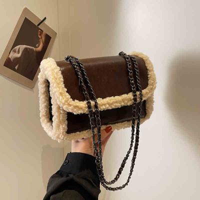 Bolsa quadrada pequena de lã de cordeiro para mulheres, retrô, patchwork, versátil, bolsa de ombro para deslocamento, outono inverno, casual, bolsa transversal