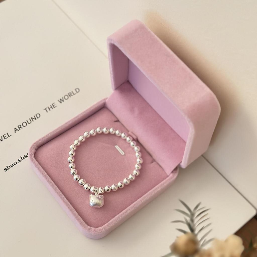 Silver-Plated Beaded Bracelet with Cute Kitty Pendant - Perfect Birthday Gift for Women and Children