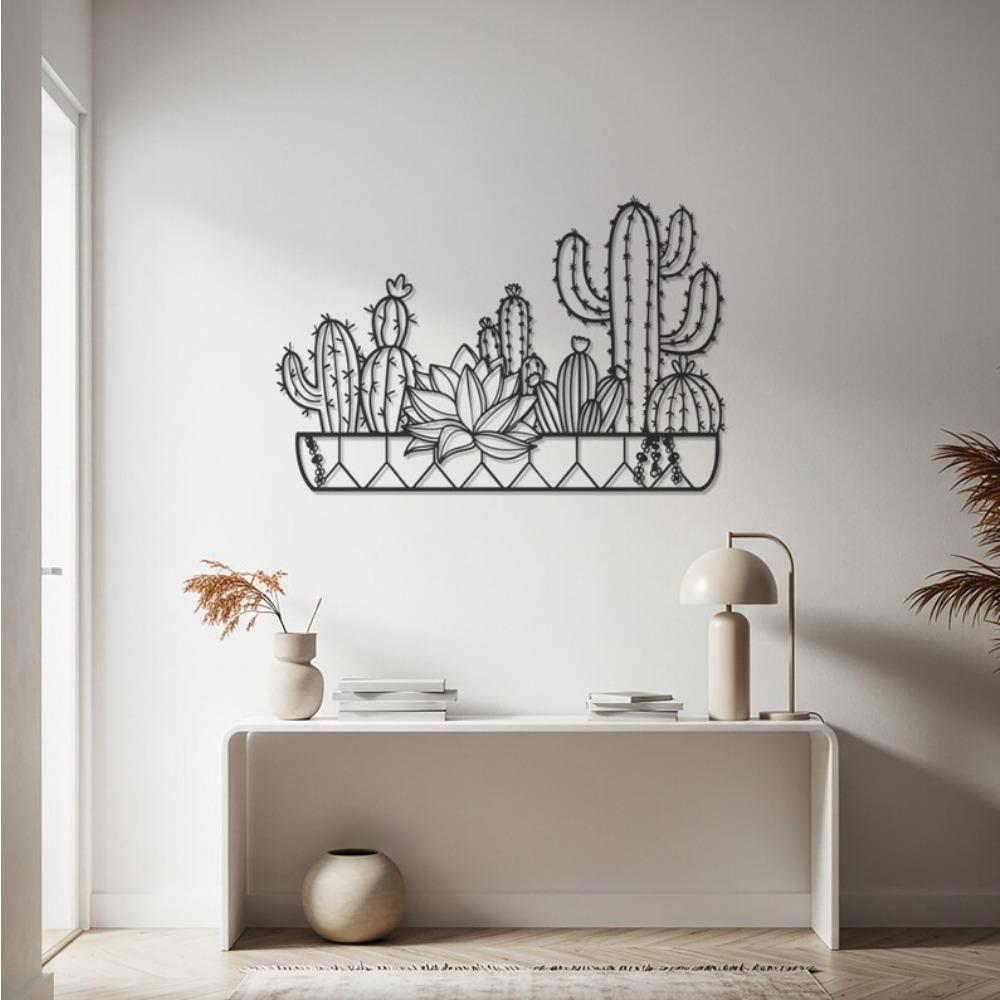 Wrought Iron Cactus Wall Decor, Minimalist Botanical Metal Art, Modern Nature Inspired Sculpture for Living Room Office