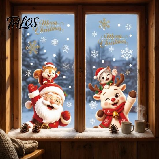 Office Glass Door Decorations 2Pcs Christmas Window Clings, Santa Claus Elk Static Decals, Clings Removable Cute Cartoon Holiday Stickers for
