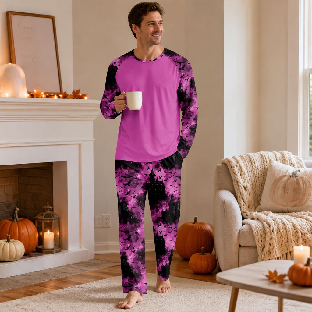 Men's Halloween Pajama Set with Long Sleeve Round Neck Top and Pants for Comfortable Sleep