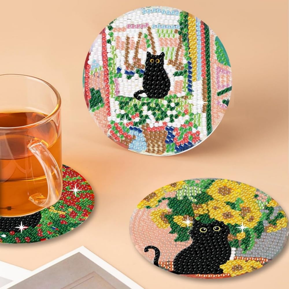 Diamond Art Coaster Kit (6-Piece Set) - DIY Diamond Painting Kit for Beginners, Cute Cat Cartoon Mosaic Ornaments, and Decorative DIY Kit with
