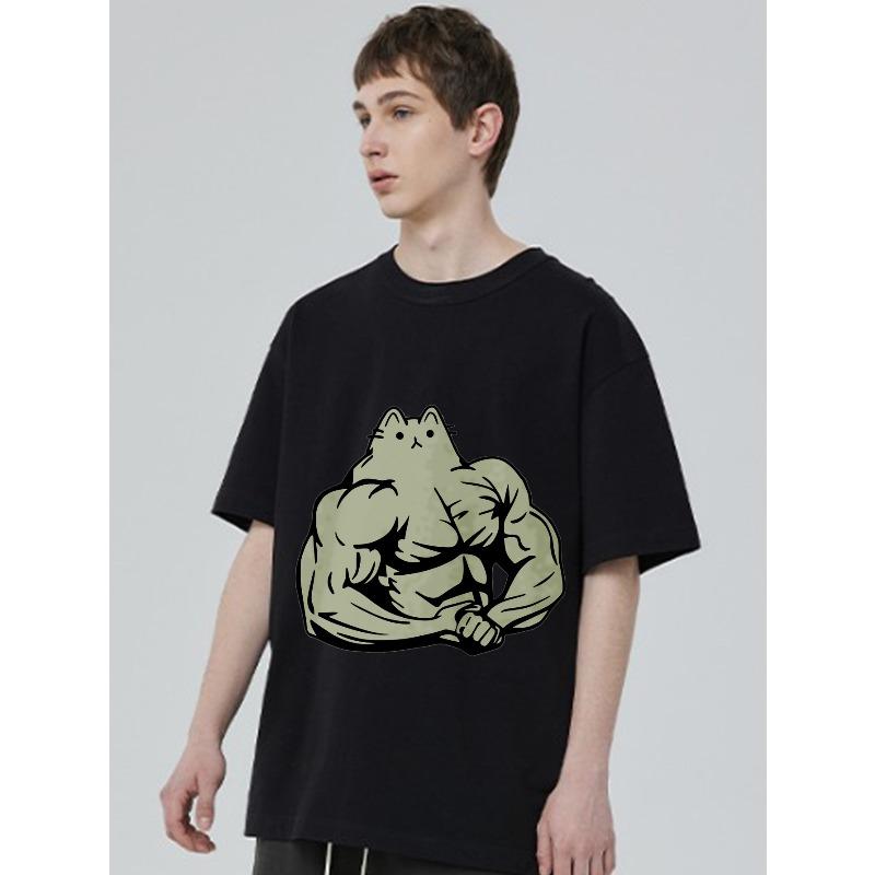 Svalová Kočka Tričko Černé Kreslená Silná Kočka Potisk Unisex Ležérní Streetwear Top pro Muže Ženy Fitness Gym Oblečení