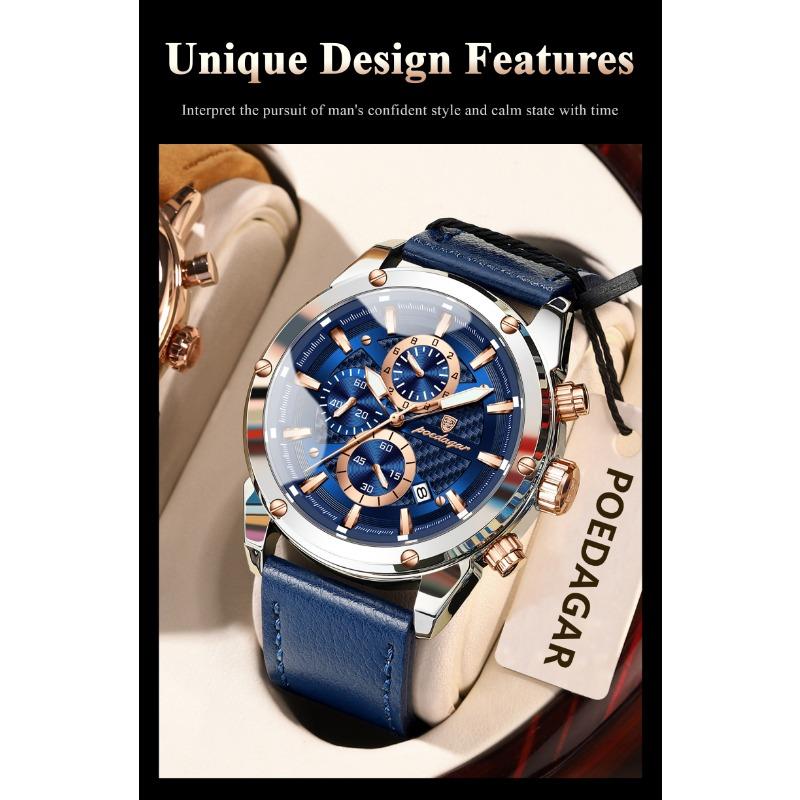 POEDAGAR Business Man Watch Waterproof Luminous Chronograph Date Original Watches for Men Leather Luxury Quartz Wristwatch