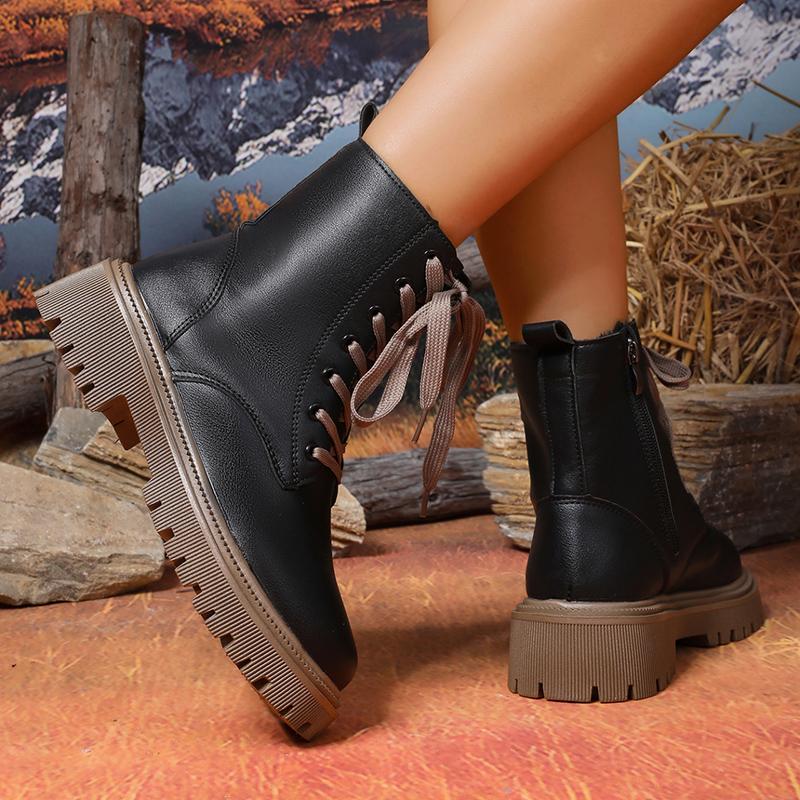 Fashion Autumn Winter Short Plush Ankle Boots Women Fashion Lace Up Pu Leather Platform Boots Woman Thick Sole Motorcycle Botas Mujer 42