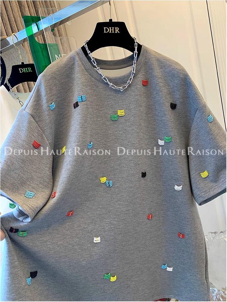 Women's Summer Loose Fit Korean Embroidered T-Shirt - Unique Straight Shoulder Short Sleeve Top