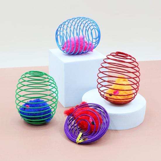 Cat Toy Built-in Plush Mouse Spring Wire Cage Design Boredom Relief Pet Cat Chew Toy Cat Hunting Simulation Toy