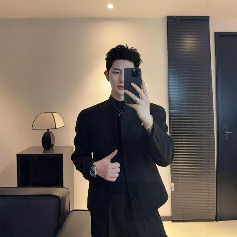 

Mens Mandarin Collar Stand Up Collar Jacket Casual Single Breasted Blazer for Formal and Daily Wear S чорний