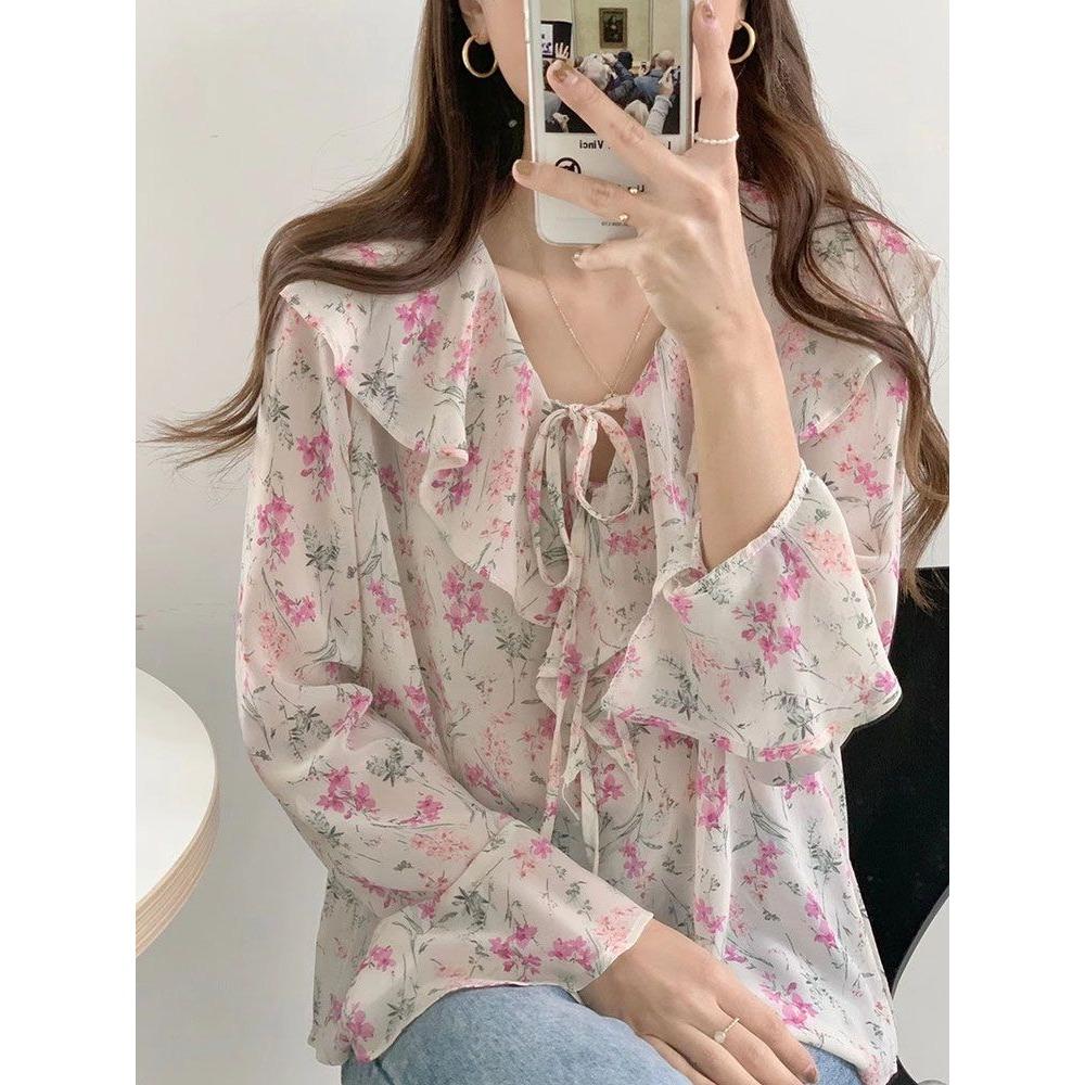 New Western Style Ruffled Small Fresh Chiffon Loose Lace Up Shirt Women's Top Long Sleeved